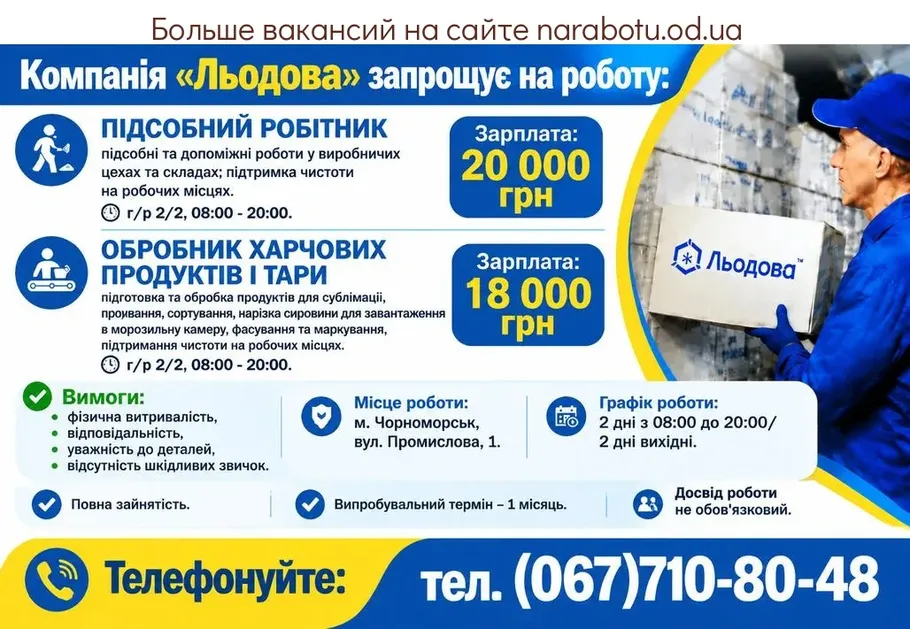 Вакансії в Одесі ОБРОБНИК ХАРЧОВИХ ПРОДУКТІВ І ТАРИ