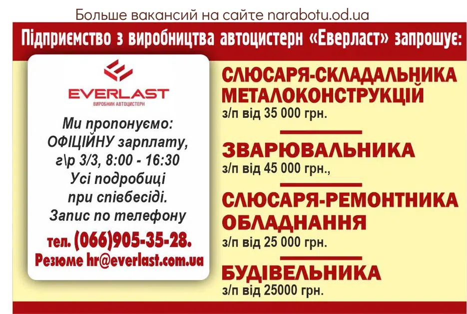 Вакансії в Одесі - Слюсаря-ремонтника обладнання