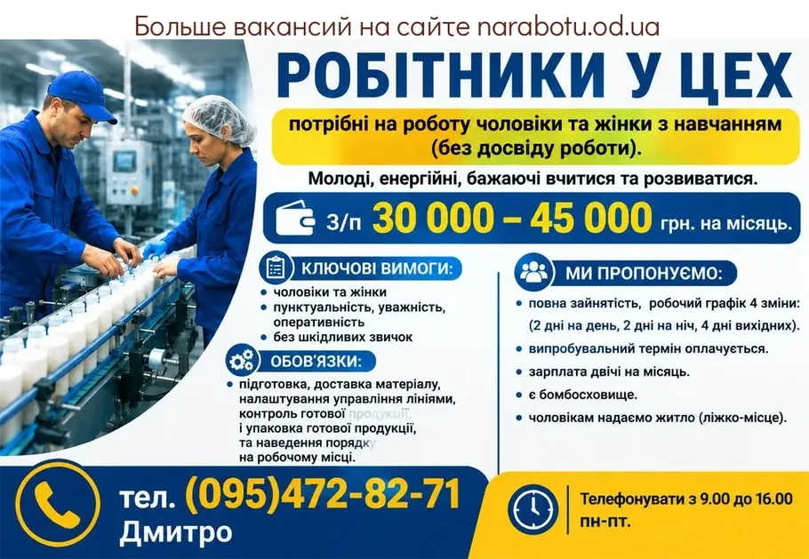 Вакансії в Одесі Робітники у цех