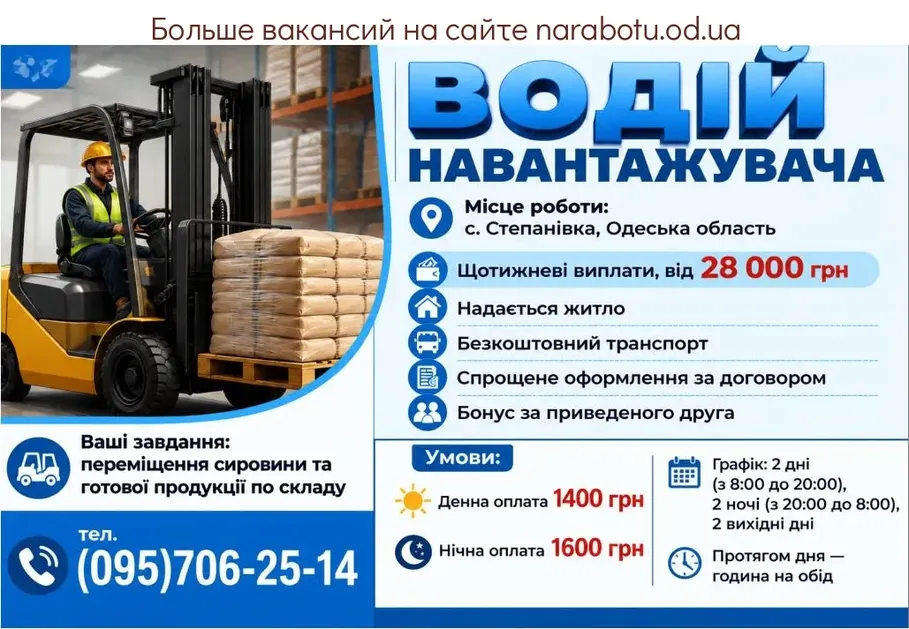 Вакансії в Одесі Водій навантажувача