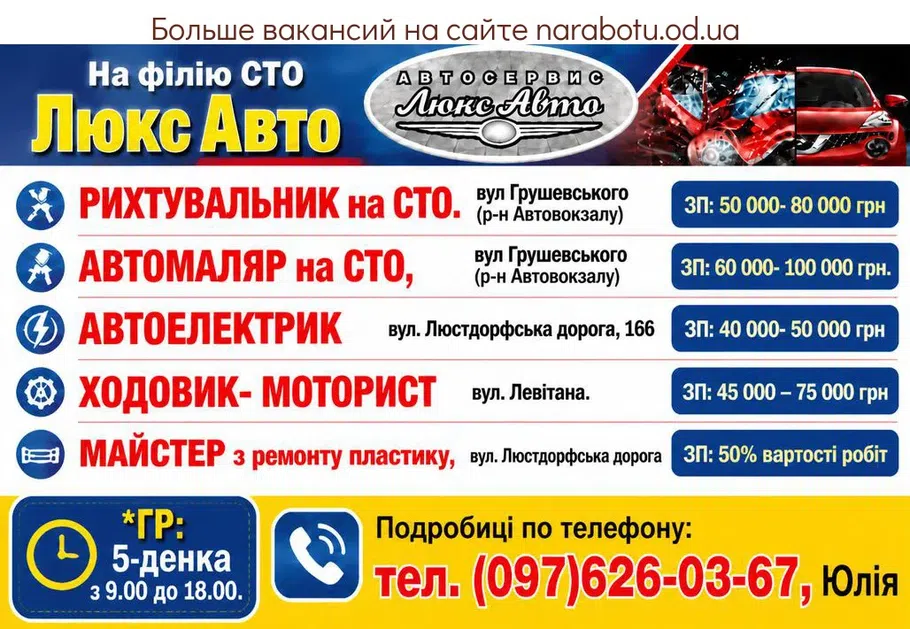 Вакансії в Одесі РИХТУВАЛЬНИК на СТО