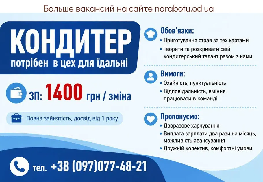 Вакансії в Одесі КОНДИТЕР