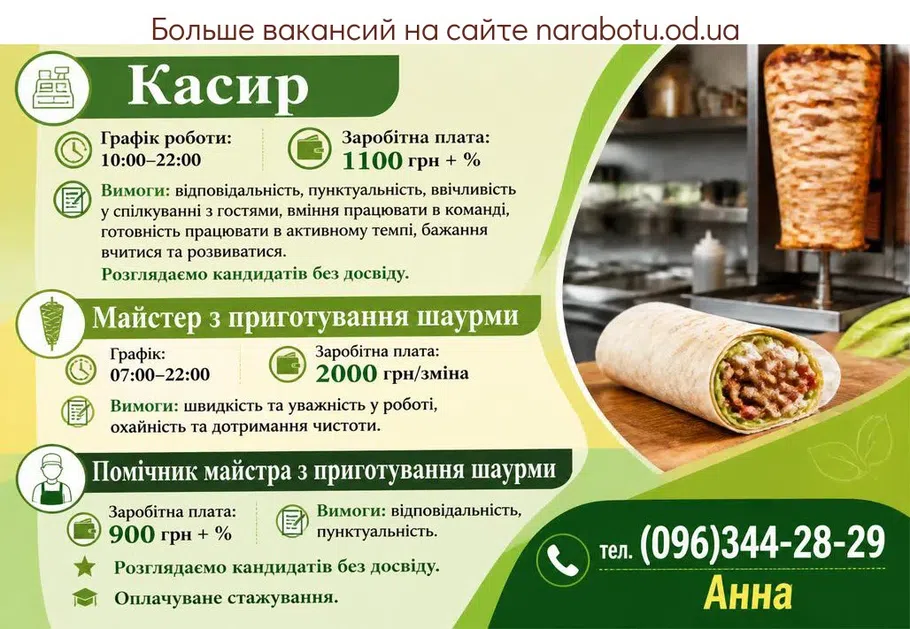 Вакансії в Одесі Помощник мастера по приготовлению шаурмы