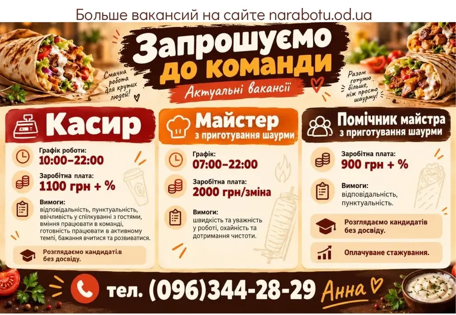 Вакансії в Одесі Помічник майстра з приготування шаурми