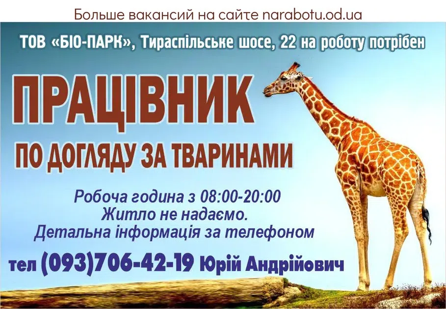 Вакансії в Одесі ТОВ «БІО-ПАРК», Тираспільське шосе, 22 На роботу потрібні ПРАЦІВНИКИ ПО ДОГЛЯДУ ЗА ТВАРИНАМИ (чоловіки) Робоча година з 08:00-20:00 Житло не надаємо. Детальна інформація за телефоном