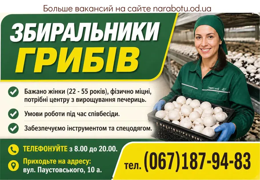 Вакансії в Одесі ЗБИРАЛЬНИКИ ГРИБІВ